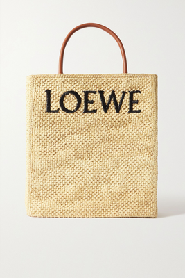 Leather-Trimmed Embroidered Raffia Tote from Loewe