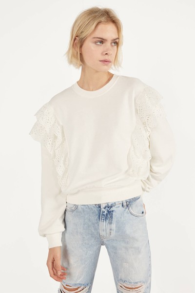 Sweatshirt With Ruffles & Swiss Embroidery from Bershka