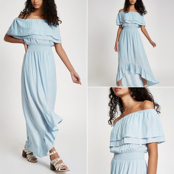 Blue Bardot Frill Hem Maxi Dress