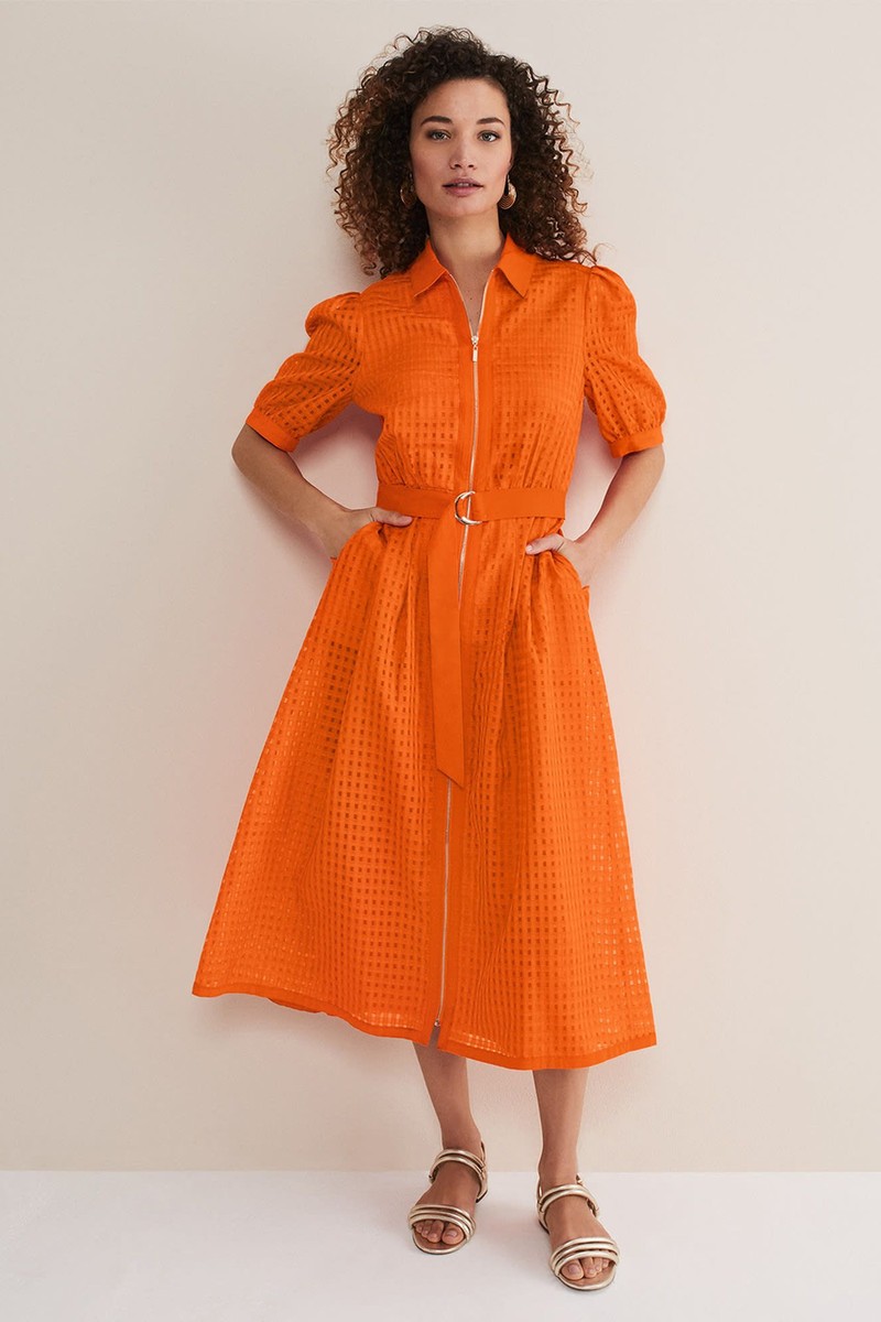 Carey Orange Checked Textured Midi Dress