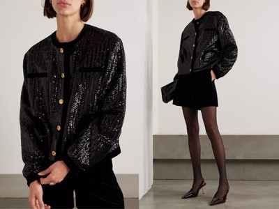 All About You Gliss Velvet-Trimmed Sequined Woven Jacket from Blazé Milano