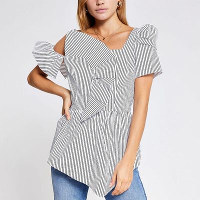 Black Stripe Frill Bardot Top