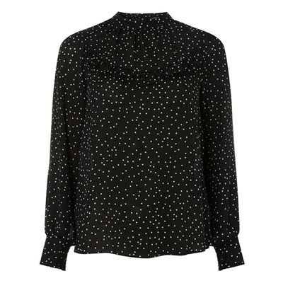 Black Spotted Ruffle Long Sleeve Top