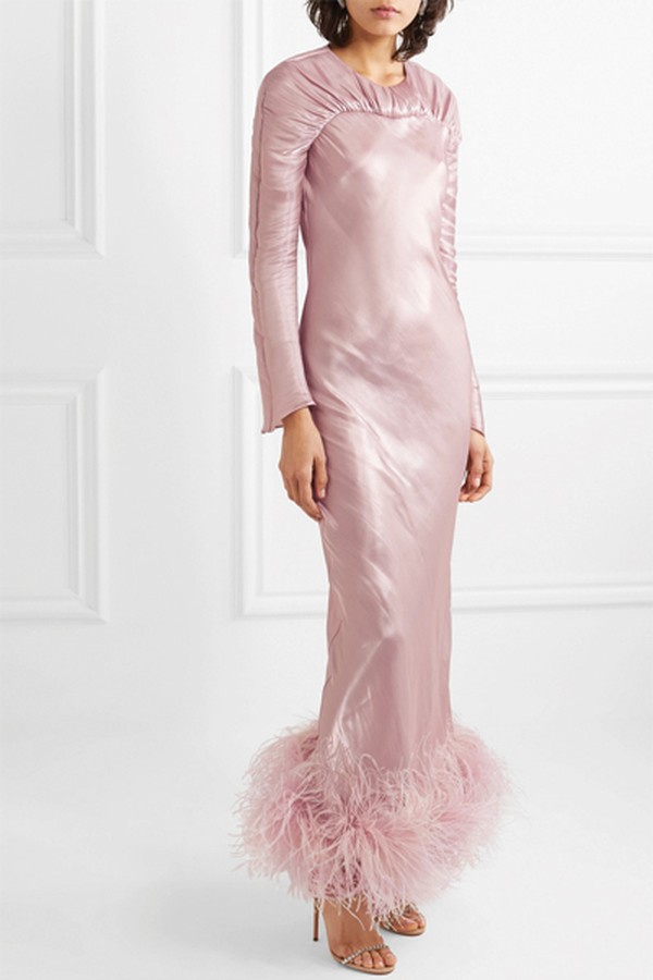 Astair Open-Back Feather-Trimmed Ruched Satin Gown from 16 Arlington