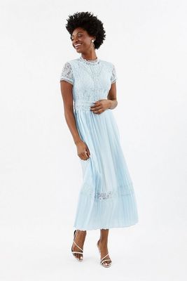 Lace Bodice Pleat Skirt Maxi Dress 
