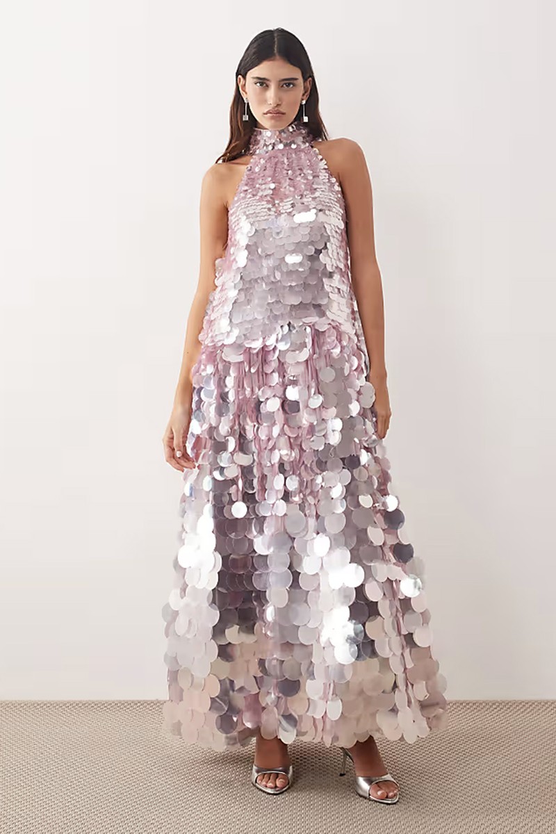 Disc Sequin Halter Trapeze Maxi Dress from Arrange