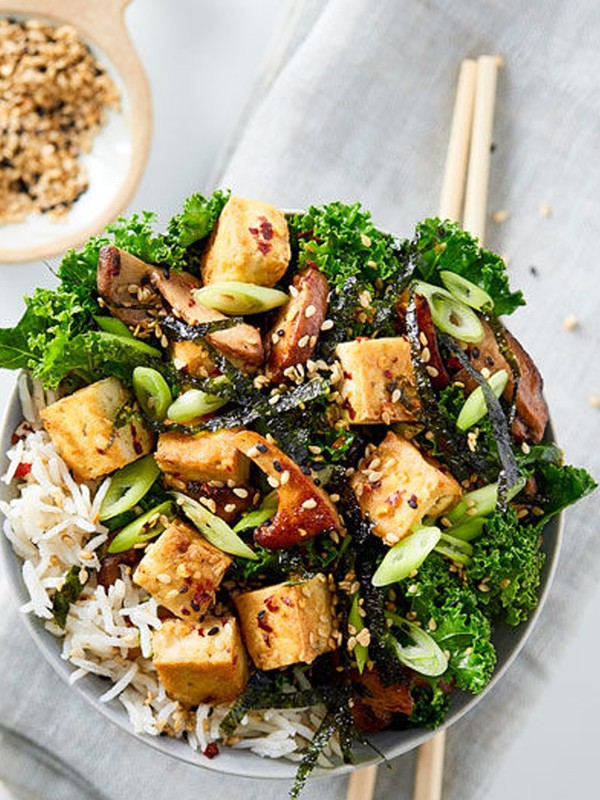 Crispy Spiced Tofu With Miso Stir Fried Greens