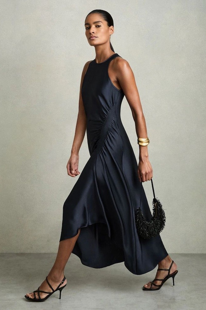 Anessa Satin Shirred Midi Dress