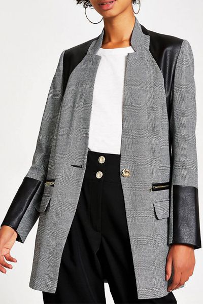 Grey Herringbone Faux Leather Blocked Blazer