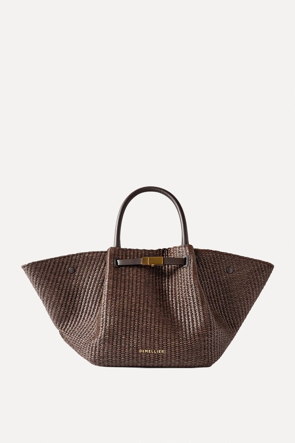 New York Midi Leather-Trimmed Raffia Tote from DEMELLIER