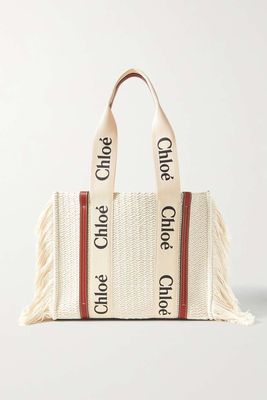 Woody Medium Leather-Trimmed Fringed Recycled Cotton Tote from Chloé