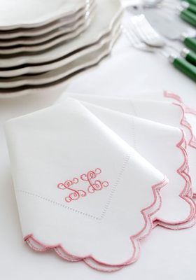 Monogrammed Pink Scalloped Hand Embroidered Napkins – Set of Four from The Embroidered Napkin Company