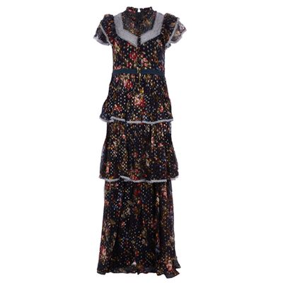 Navy Winter Forest Floral Print Ruffle Dress