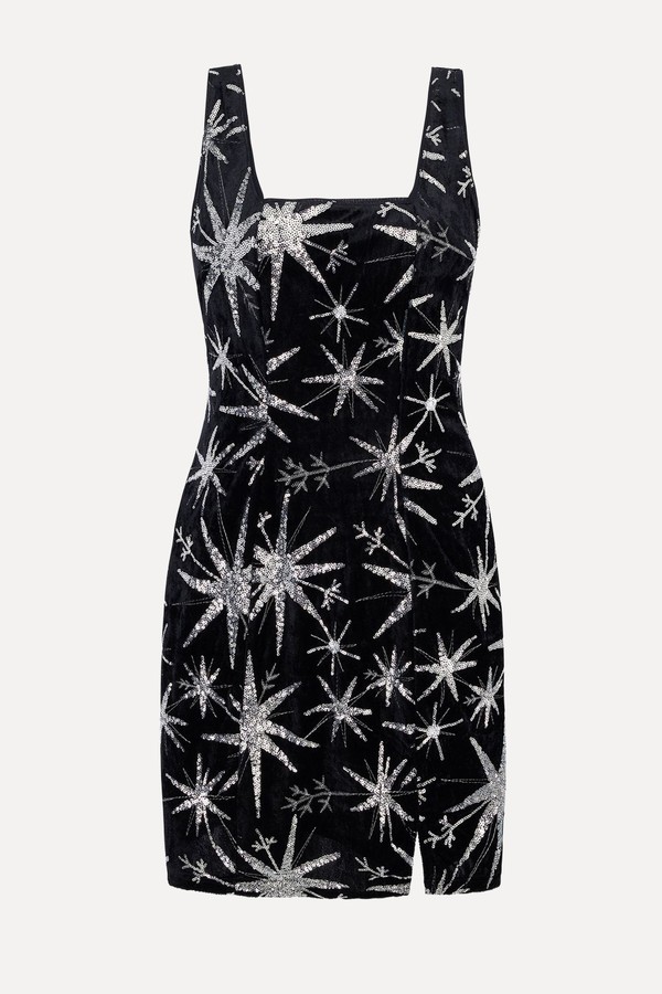 Square Neck Velvet Star Embelished Mini Dress
