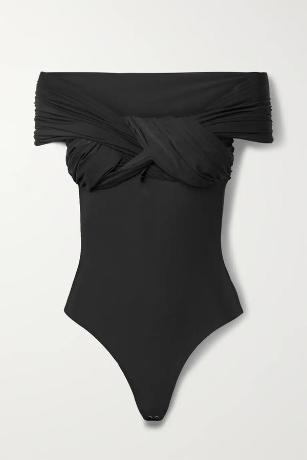 The Odette Off-The-Shoulder Twist-Front Ruched Stretch-Jersey Thong Bodysuit from GOLDSIGN