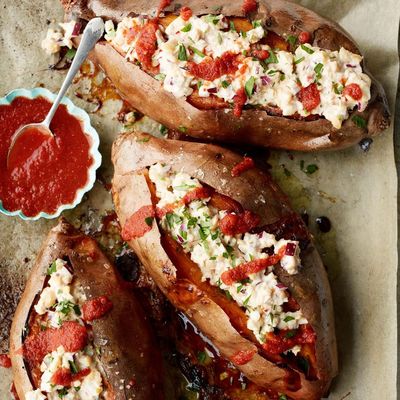 Baked Sweet Potatoes With Spicy Chickpea Mayo