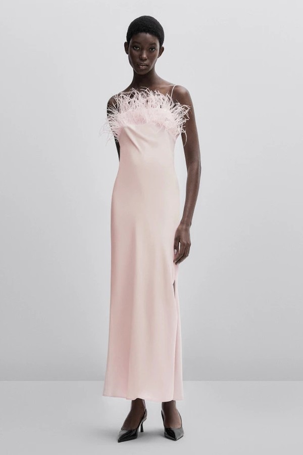 Long Dress With Feathers from Massimo Dutti