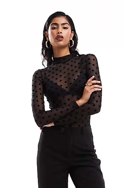 Mesh Long Sleeve Dobby Polka Dot Flock Bodysuit from ASOS