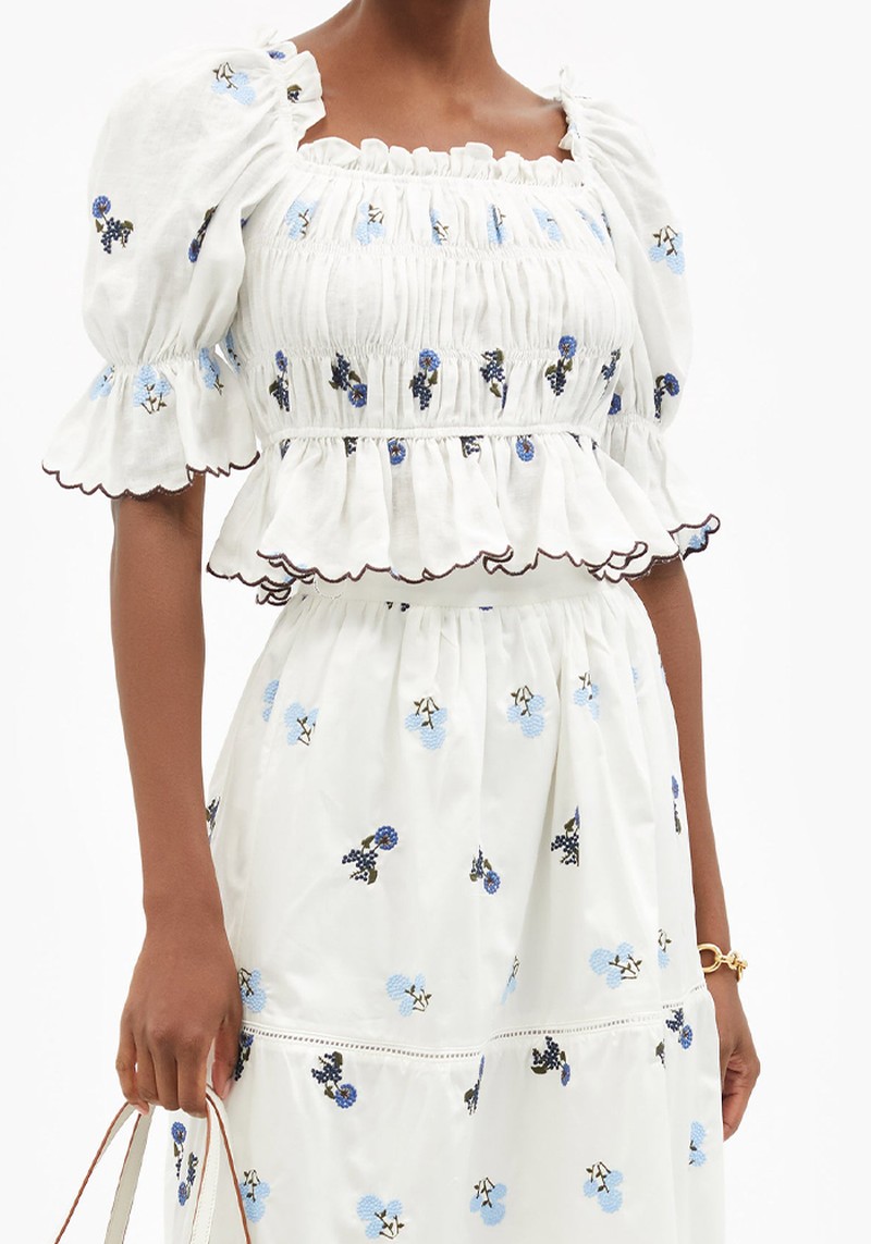 Emily Floral-Embroidered Smocked Linen Top from Lug Von Siga
