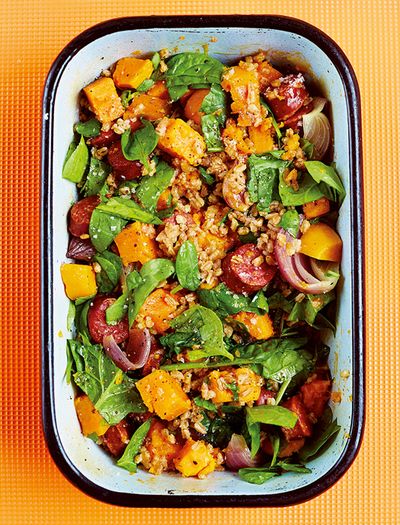 Spelt With Chorizo, Sweet Potato, Red Onion & Spinach