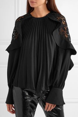 Self Portrait Pleated Crepe De Chine and Lace Blouse from NET-A-PORTER