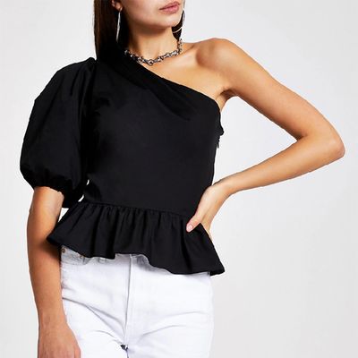 Black One Shoulder Peplum Top