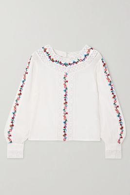 Rachel Cropped Lace-Paneled Embroidered Cotton-Blend Blouse from Rixo