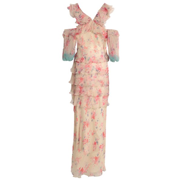Cold-Shoulder Tiered Floral-Print Silk-Georgette Gown from Vilskenko