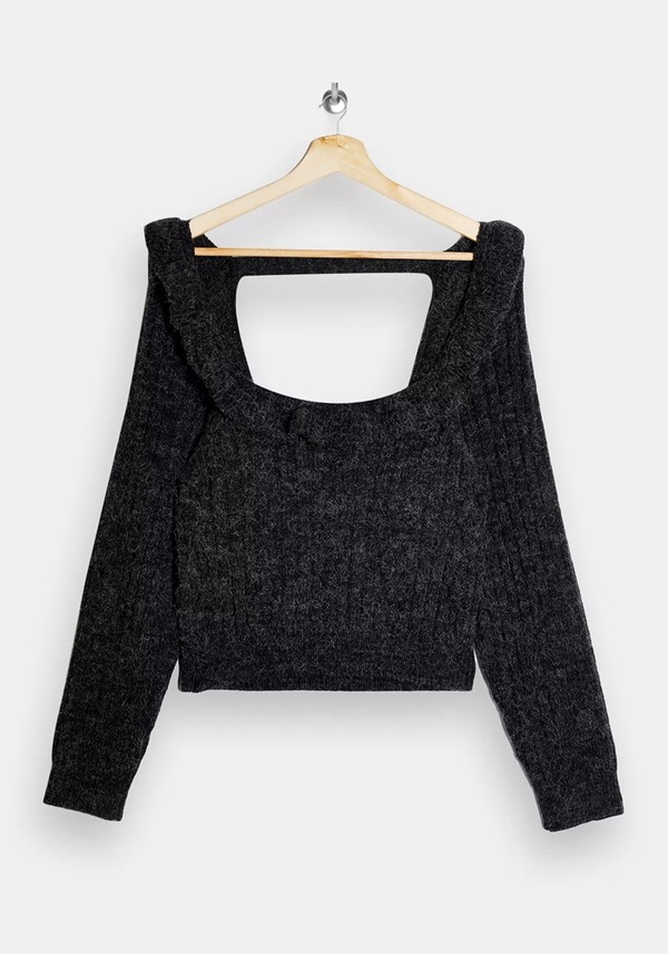 Charcoal Grey Tie Back Ruffle Cable Knitted Jumper