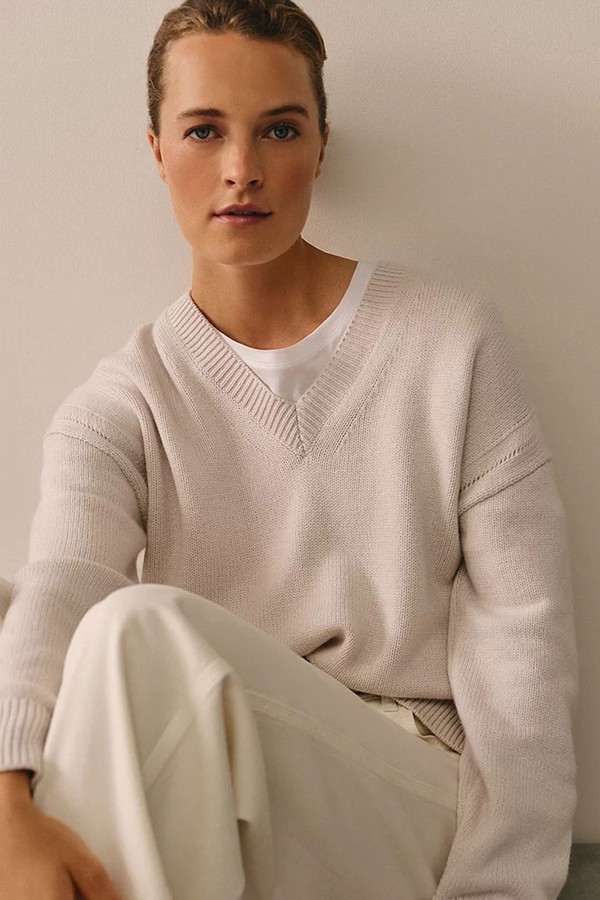 Pointelle Detail V-Neck Jumper With Cashmere from The White Company
