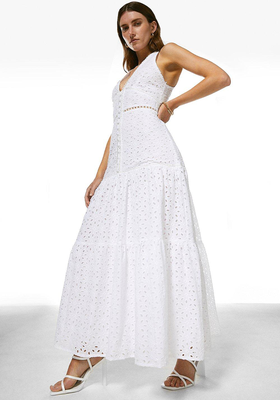 Cotton Broderie Buttoned Tiered Maxi Dress
