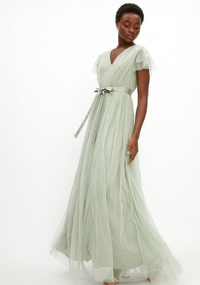 Tulle V-Neck Tie Belt Maxi Dress