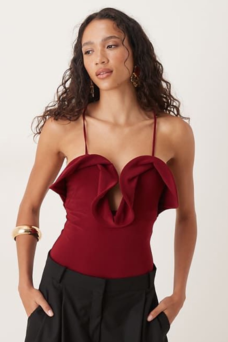 Frill Detail Plunge Halterneck Bodysuit from Asos Design