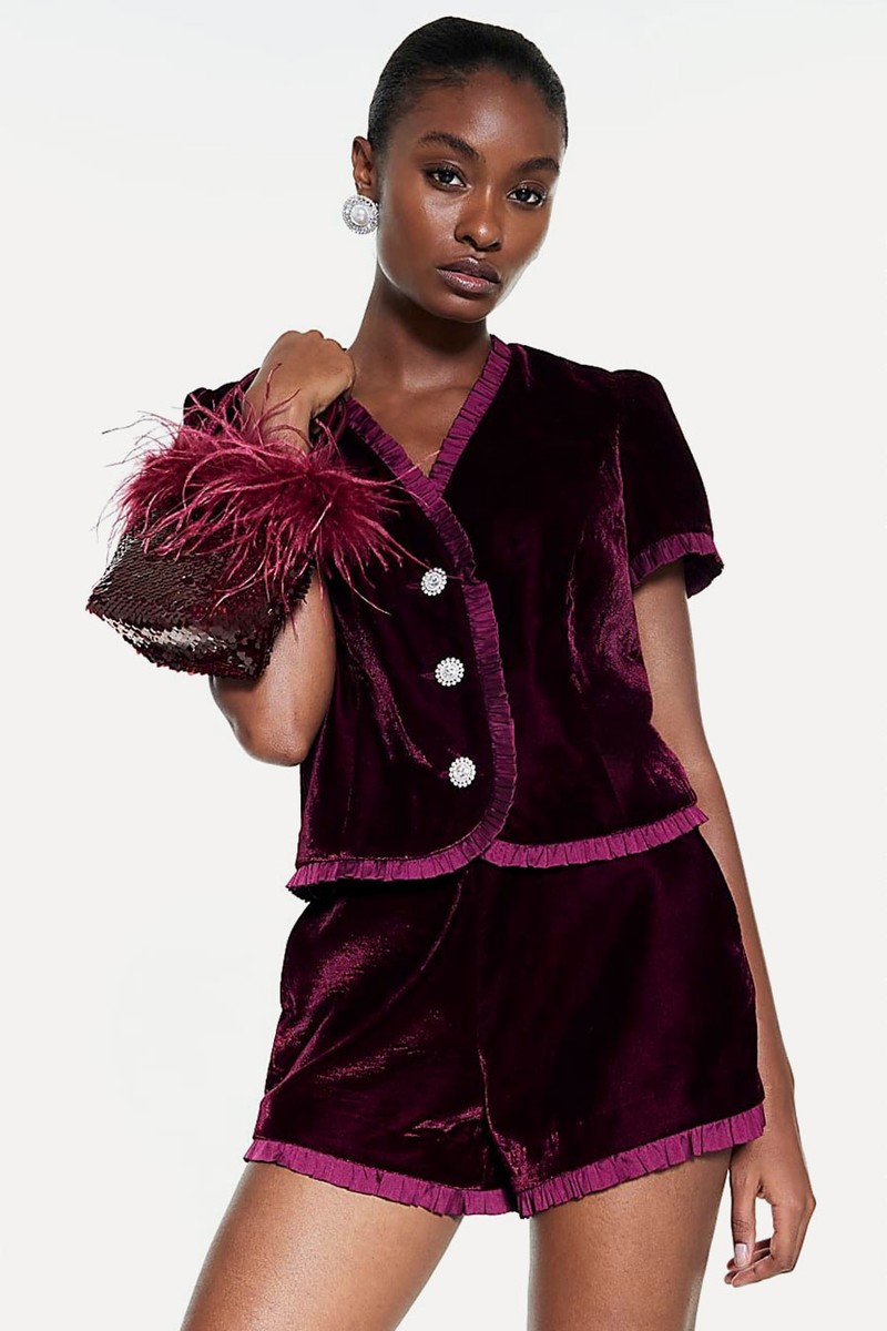 Velvet Short Sleeve Frill Trim Top from River Island