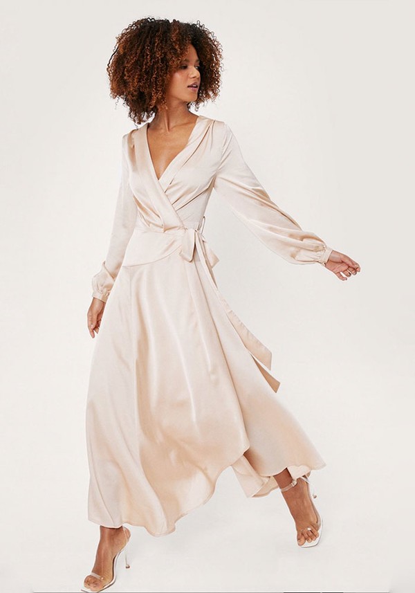 Satin Wrap Bias Cut Maxi Evening Dress