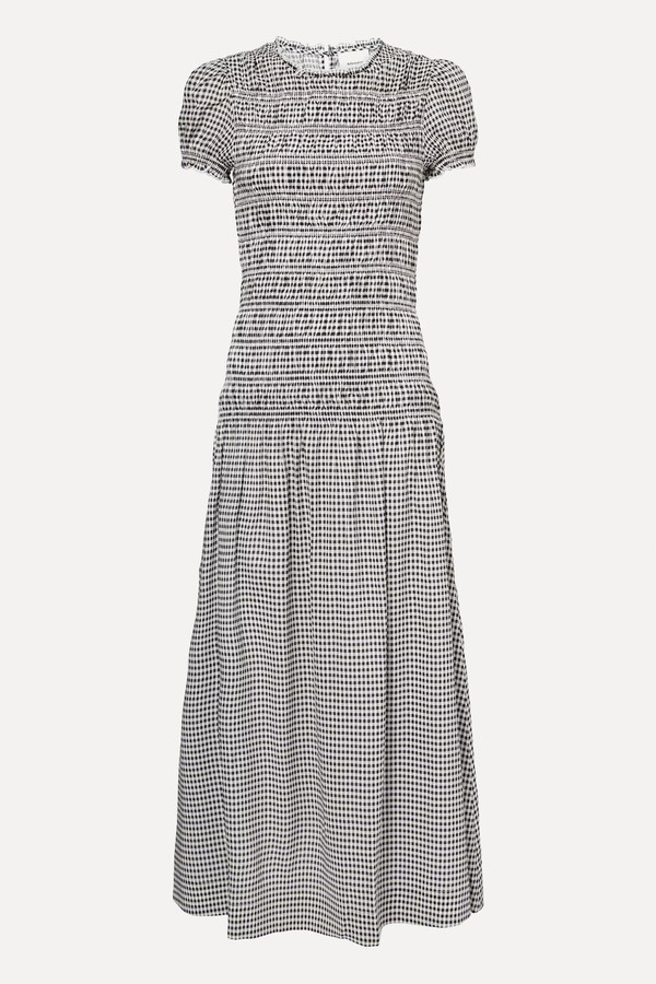 Kiria Shirred-Bodice Check Woven Midi Dress from Reformation