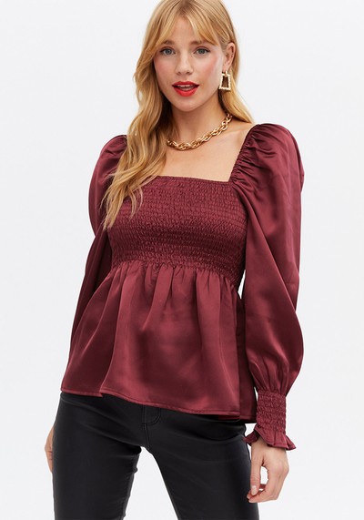 Burgundy Satin Shirred Peplum Blouse