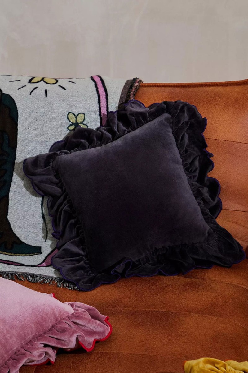 Charcoal Velvet Ruffle Cushion