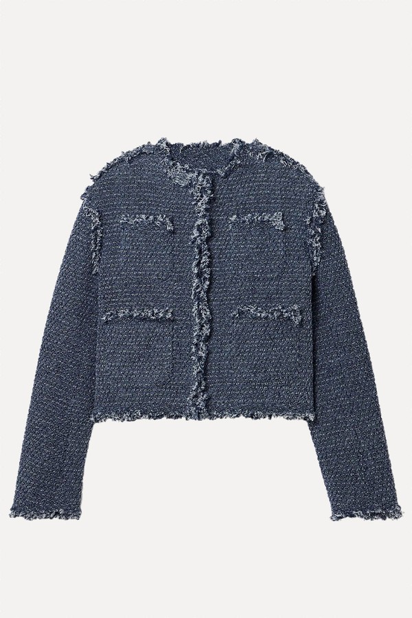 Denim-Paneled Frayed Cotton-Bouclé Jacket