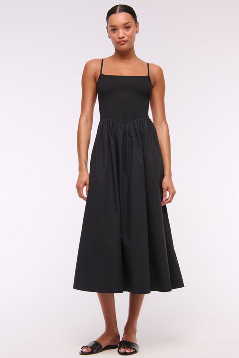 Dipped-Waist Smocked Midi Dress
