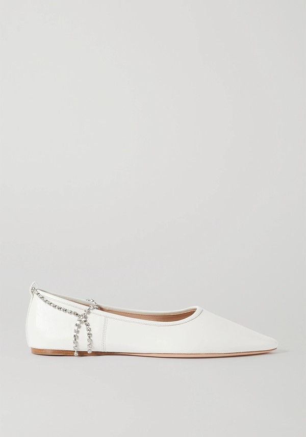 Crystal-Embellished Leather Point-Toe Flats from Miu Miu