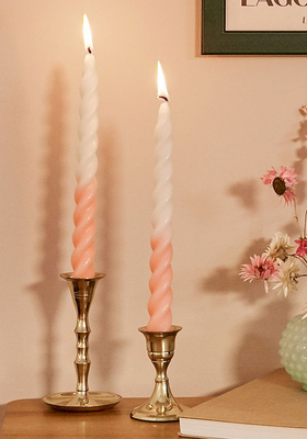 HOLM Set Of Two Pink & White Twisted Dinner Candles