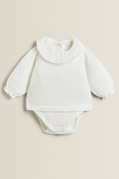 Cotton Muslin & Jersey Bodysuit With Ruffled Collar