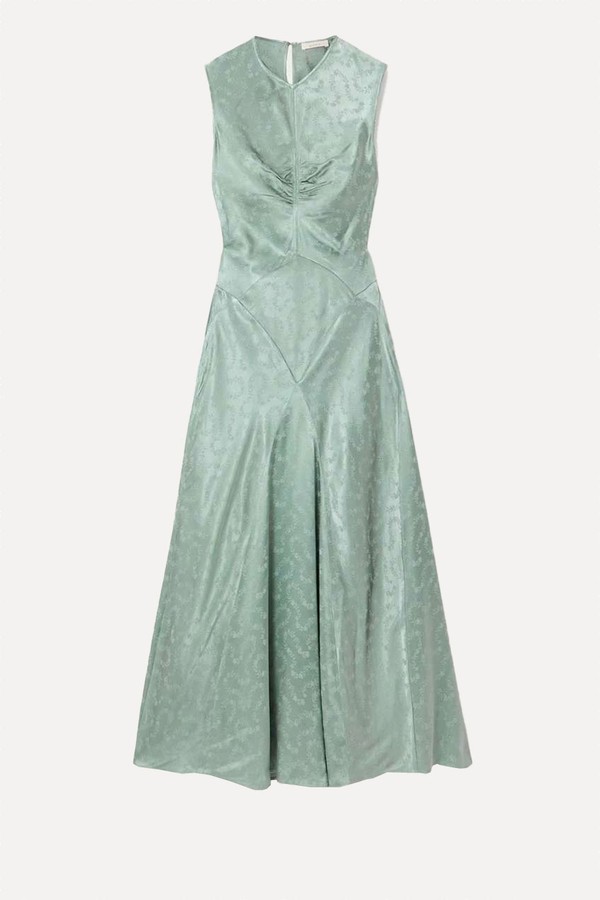 Ginette Paneled Floral-Jacquard Satin Midi Dress from DÔEN