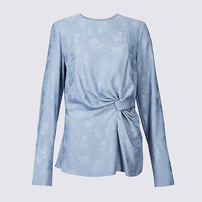 Jacquard Print Knotted Long Sleeve Blouse 