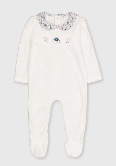 White Velour Floral Collar Sleepsuit