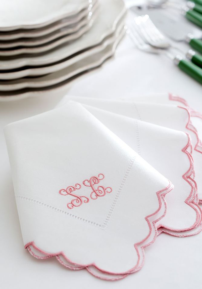 Monogrammed Pink Scalloped Hand Embroidered Napkins – Set of Four from The Embroidered Napkin Company