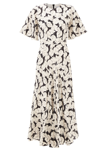 Godet Short-Sleeve Falling Leaves Print Silk Dress from Raey