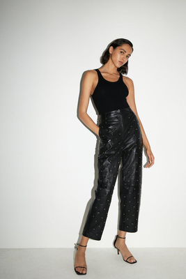 Real Leather Studded Barrel Leg Trouser from Warehouse