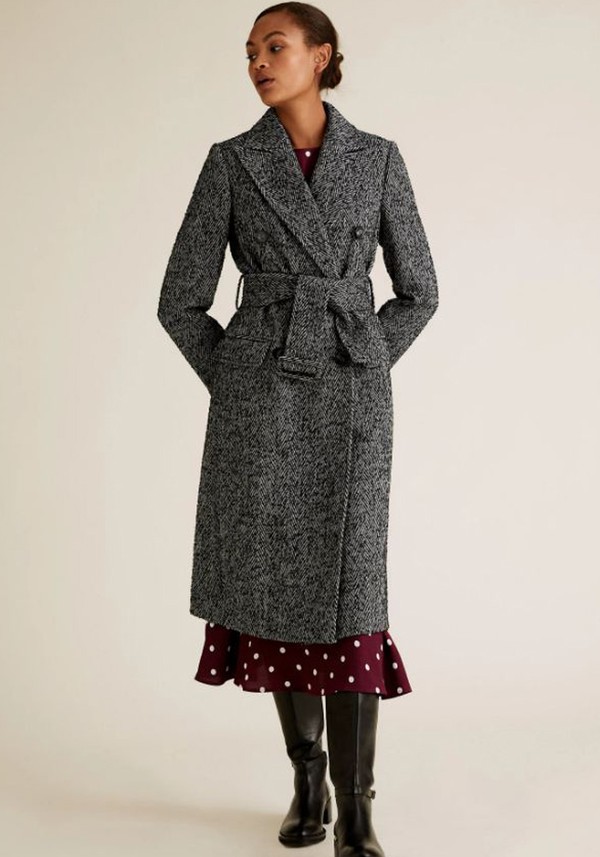 Herringbone Belted Longline Coat